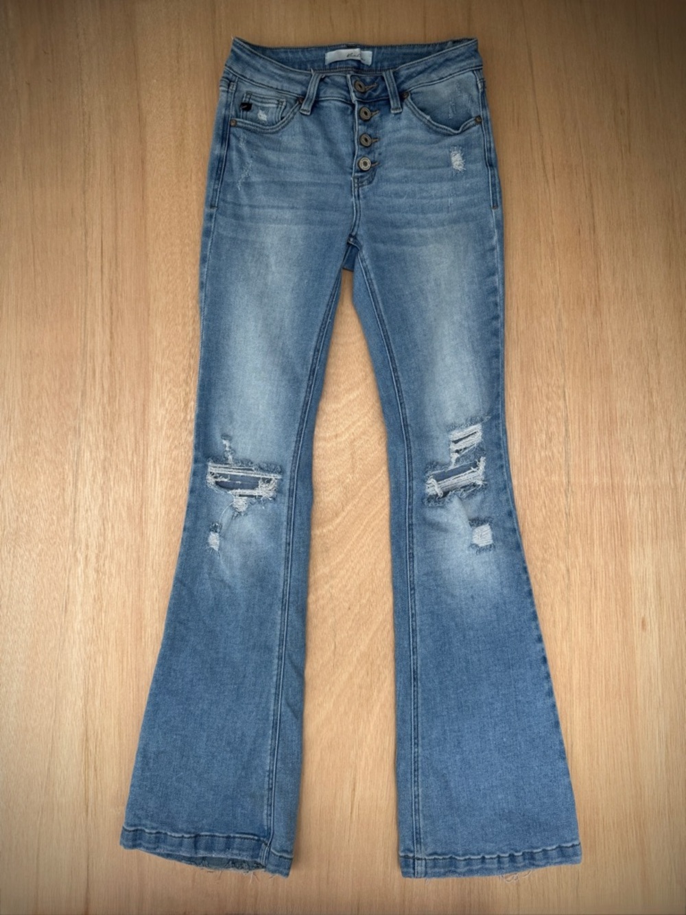 KanCan KC6327M Flare Jeans 5 / 26 Light Wash Distressed Button Fly Boho Retro
